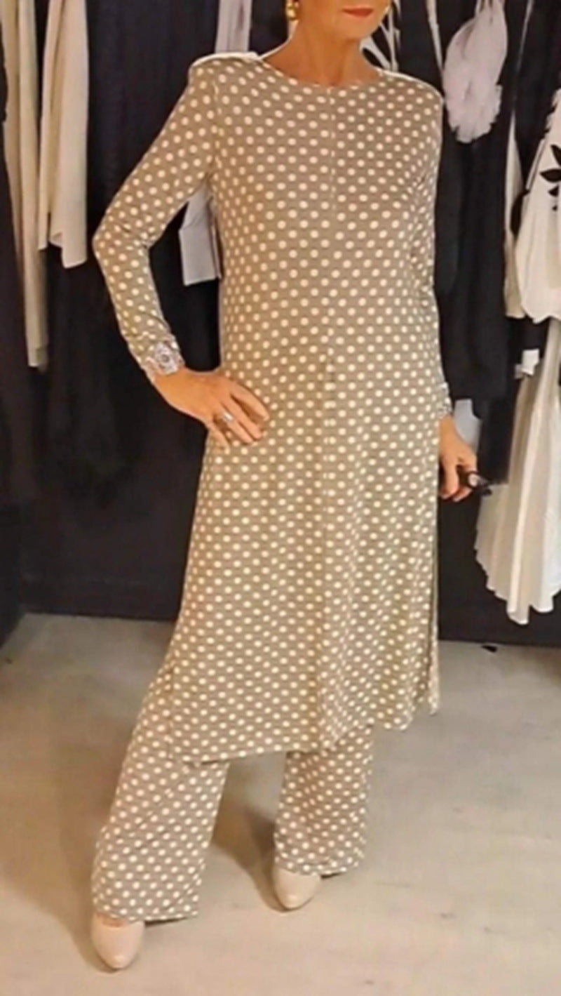 Women Nan Polka Dot Lounge Set with Long A-Line Tunic, Center Front Slit, and Wide Palazzo Pants StylebySassy