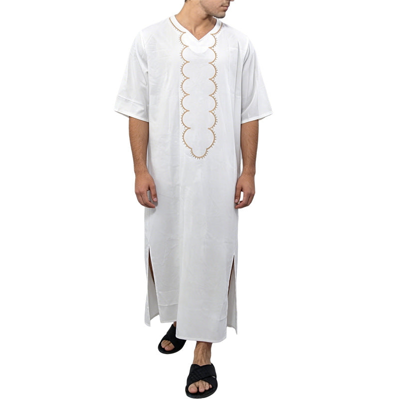 Men's striped Djellaba with decorative chest embroidery and side slit StylebySassy