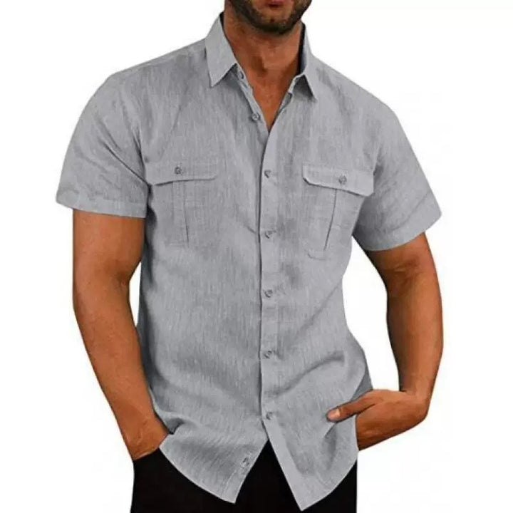 Men's structured short sleeve shirt in linen gauze look with flap pockets and rounded hem StylebySassy