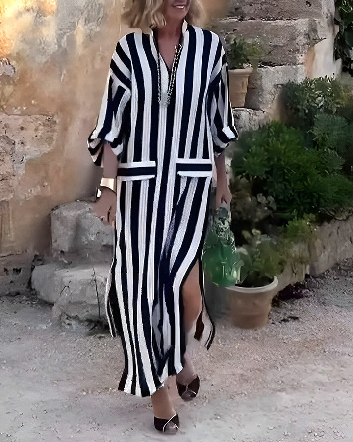 Women casual long shirt dress with vertical stripe pattern, V-neck, patch pockets, and high side slit StylebySassy