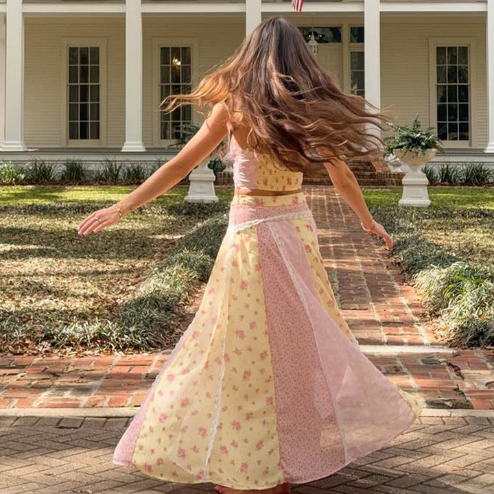 Women romantic crop top with spaghetti straps and tiered patchwork maxi skirt StylebySassy