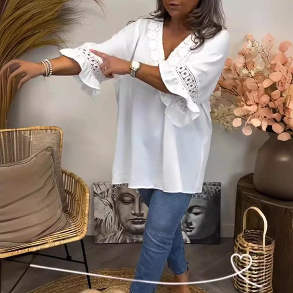 Ladies falling locker Crinkle tunic with crochet lace V-neck and frill sleeves StylebySassy