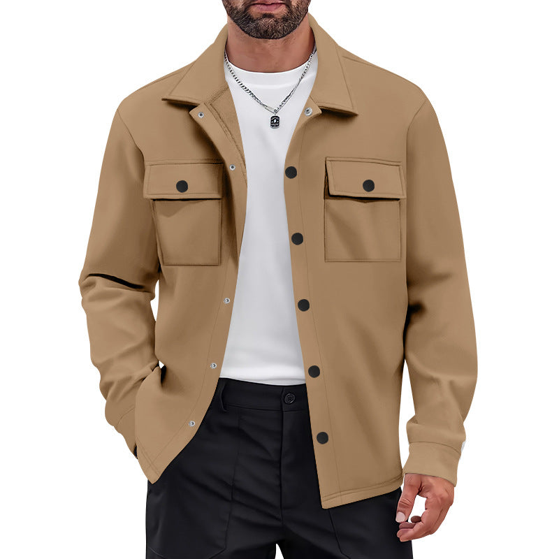 Men's work-inspired shirt jacket with button placket, patch chest pockets, and boxy fit StylebySassy