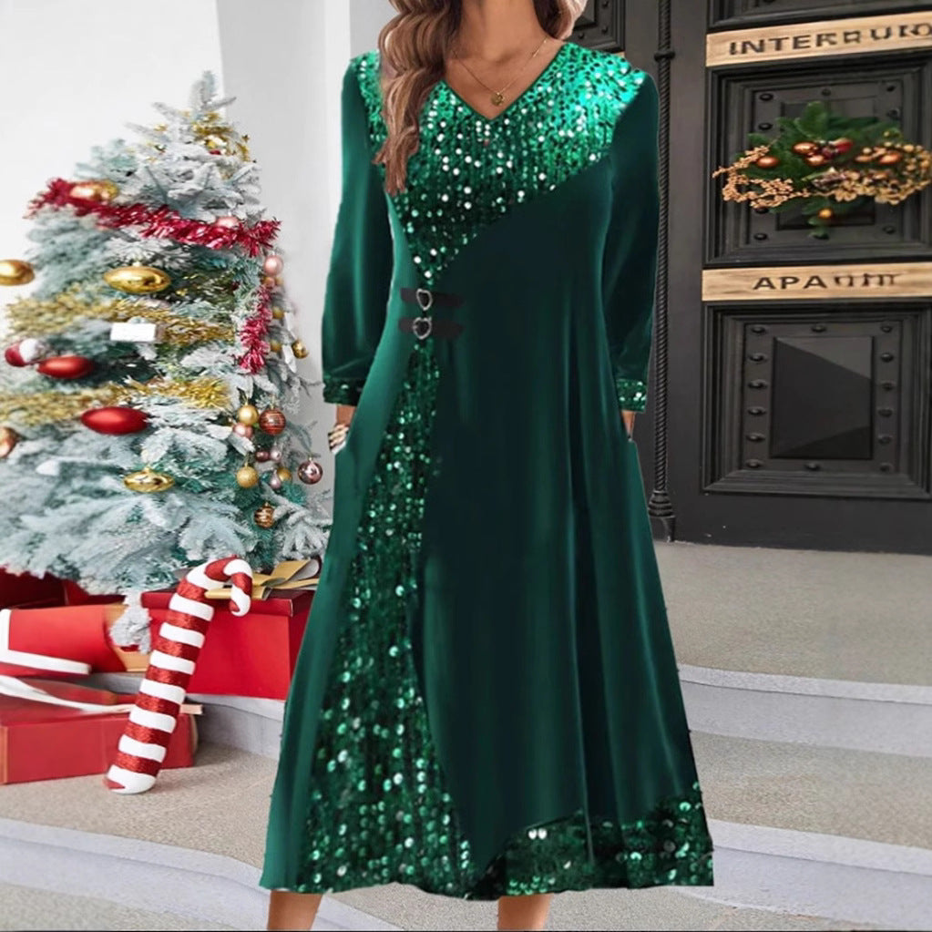 Women's festive sequin panel maxi dress with V-neck long sleeves and decorative waist belts StylebySassy