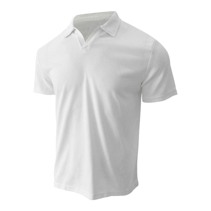 Men's lightweight short-sleeve polo made from waffle jersey with an open V-neck and shirt collar StylebySassy