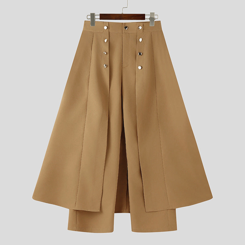 Women high-waisted flared midi wrap skirt with inner culottes and decorative button placket StylebySassy