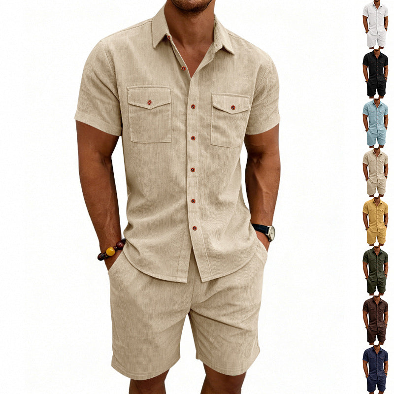 Men's structured cord leisure set with camp collar shirt and casual shorts StylebySassy