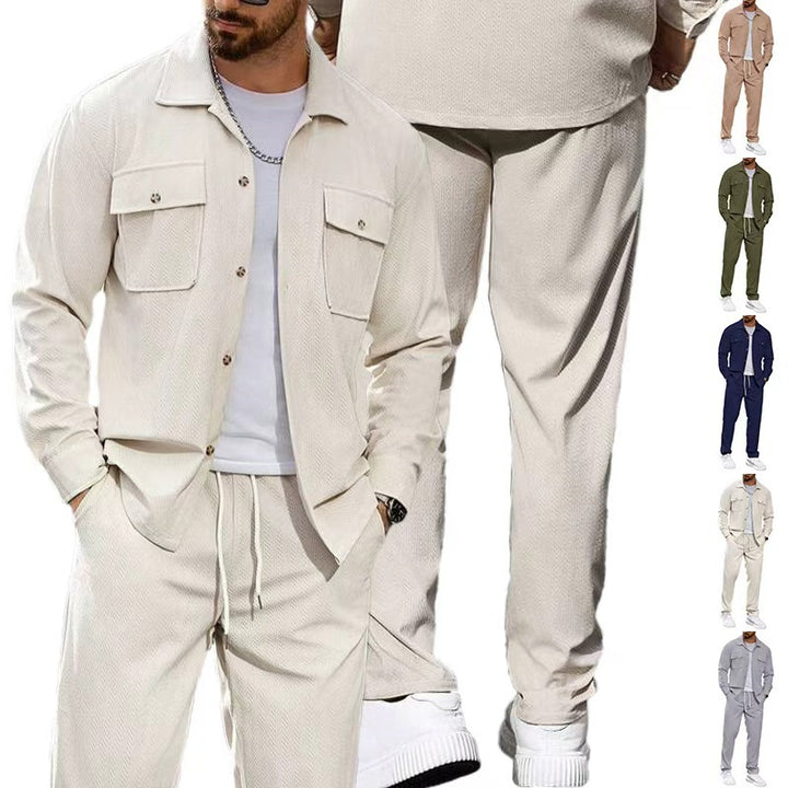 Men's casual two-piece shirt jacket with applied chest pockets and drawstring pants StylebySassy