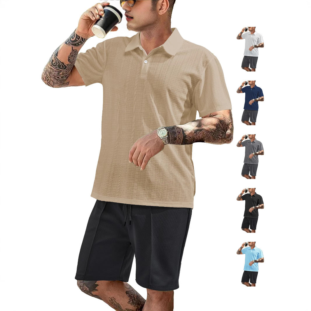 Men's two-piece summer travel set with textured short-sleeve polo shirt and functional mesh shorts StylebySassy