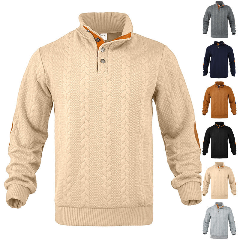 Men's casual cable knit pullover with reinforced button placket and suede elbow patches StylebySassy
