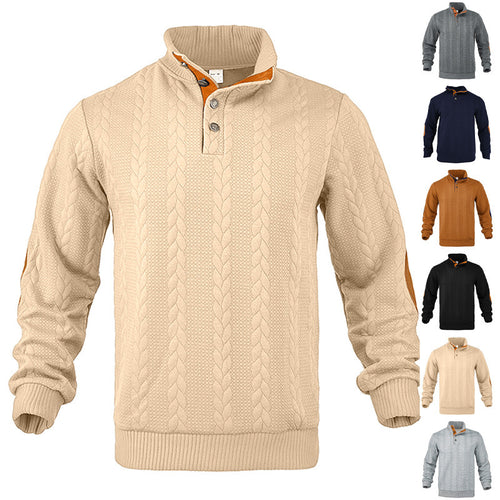 Men's casual cable knit pullover with reinforced button placket and suede elbow patches StylebySassy