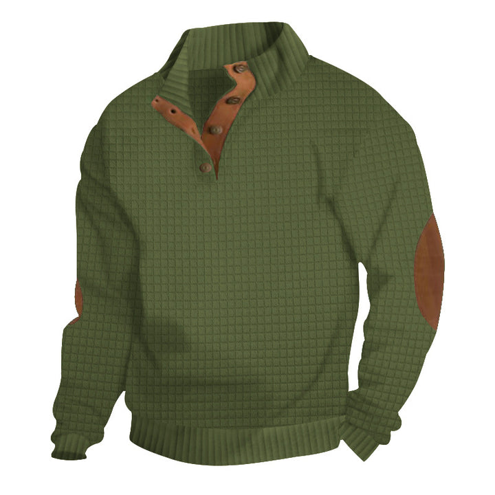 Men's waffle structure troyer with stand-up collar, button placket and nappa leather elbow patches StylebySassy