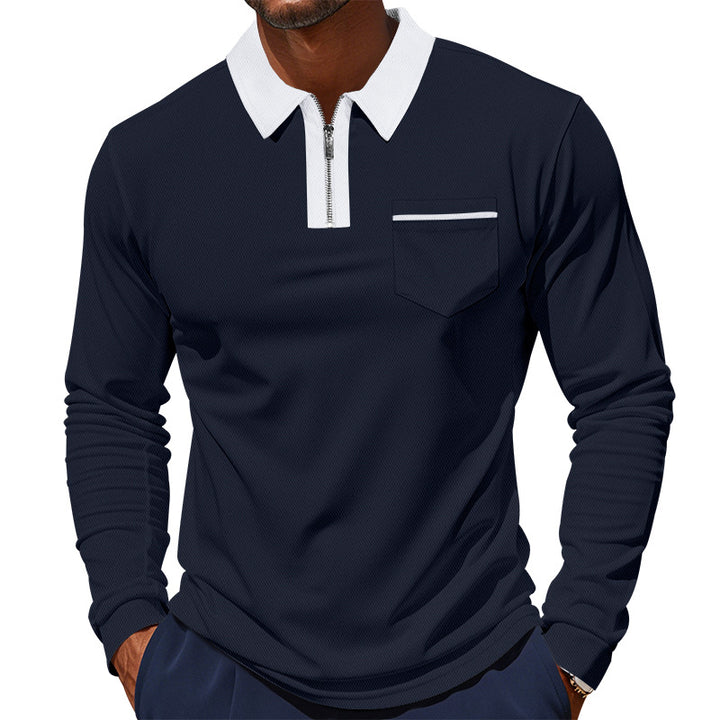 Men's long-sleeved polo with half zip, patch chest pocket, and fine structure jersey quality StylebySassy