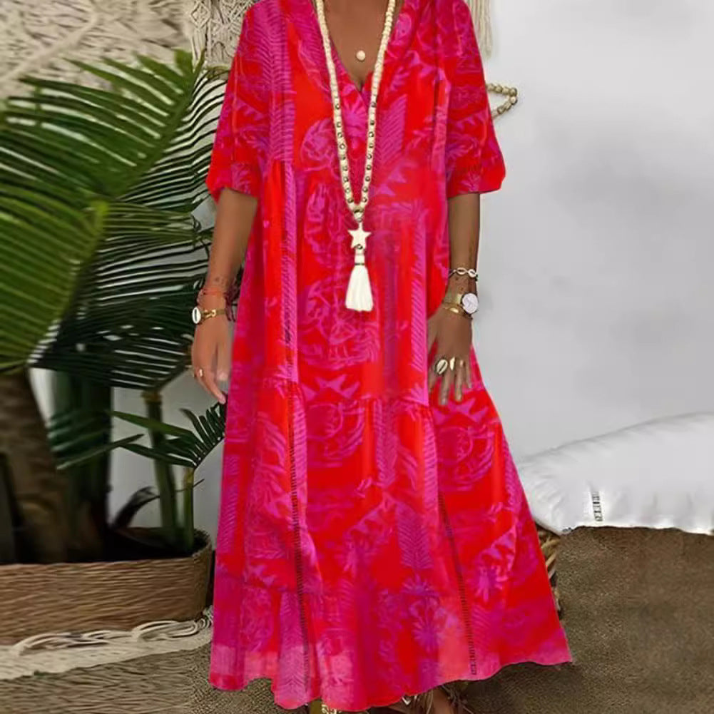 Ladies Boho Long Dress with Deep V-Neck, Tiered Cut and Casual Oversized Fit StylebySassy