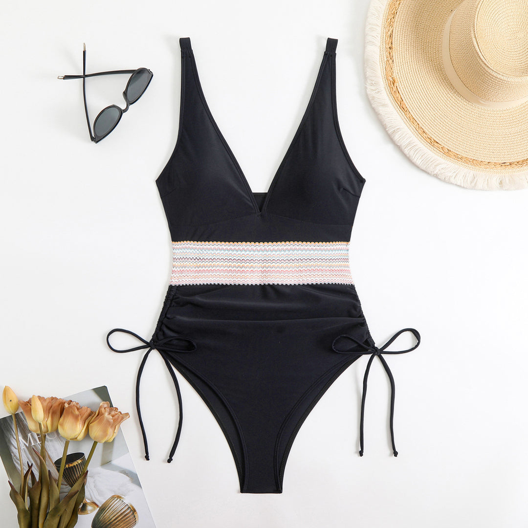 Women's One-Piece Swimsuit with Elegant V-Neck and Adjustable Ruching Element StylebySassy
