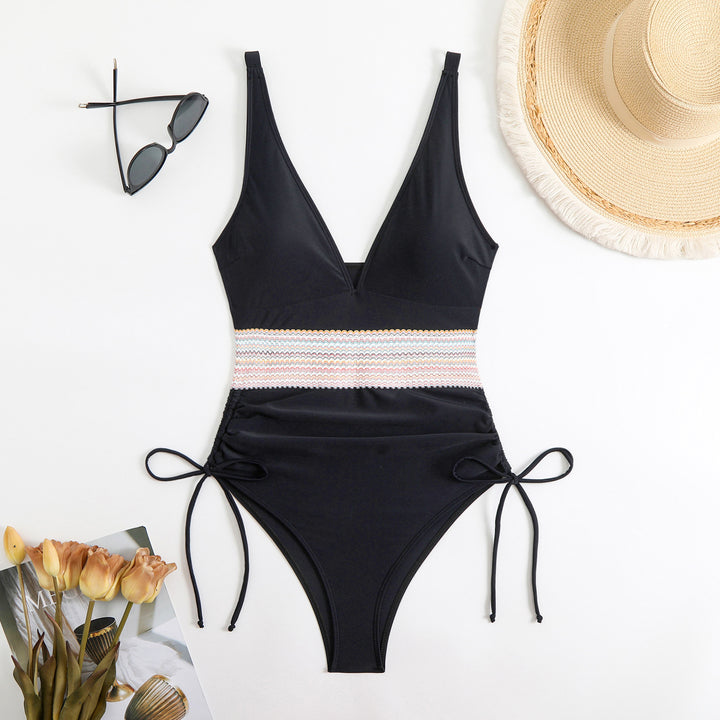 Women's One-Piece Swimsuit with Elegant V-Neck and Adjustable Ruching Element StylebySassy