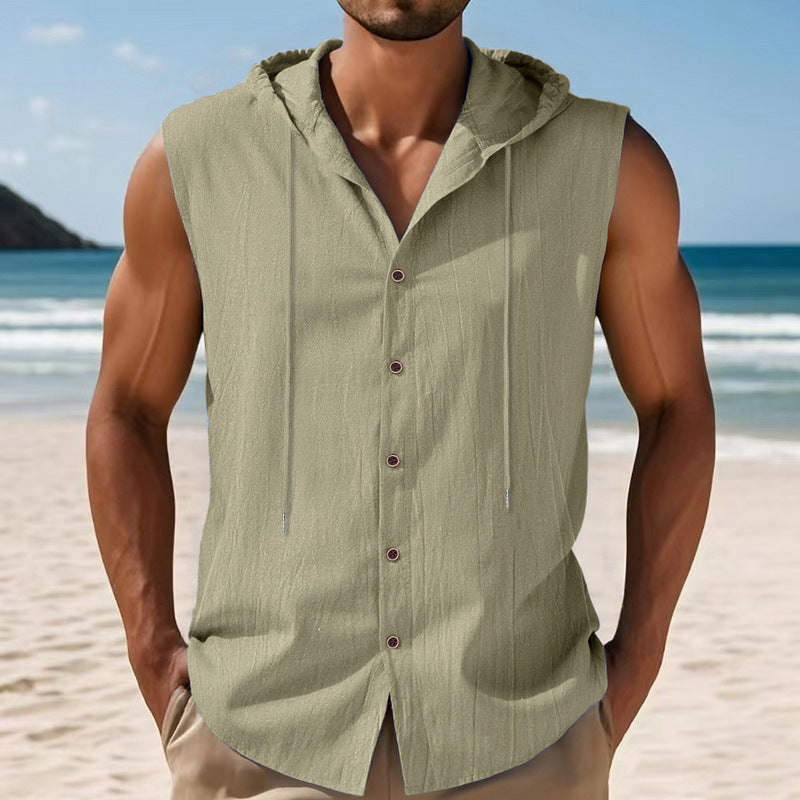 Men's sleeveless hooded shirt in linen look with wooden button placket StylebySassy