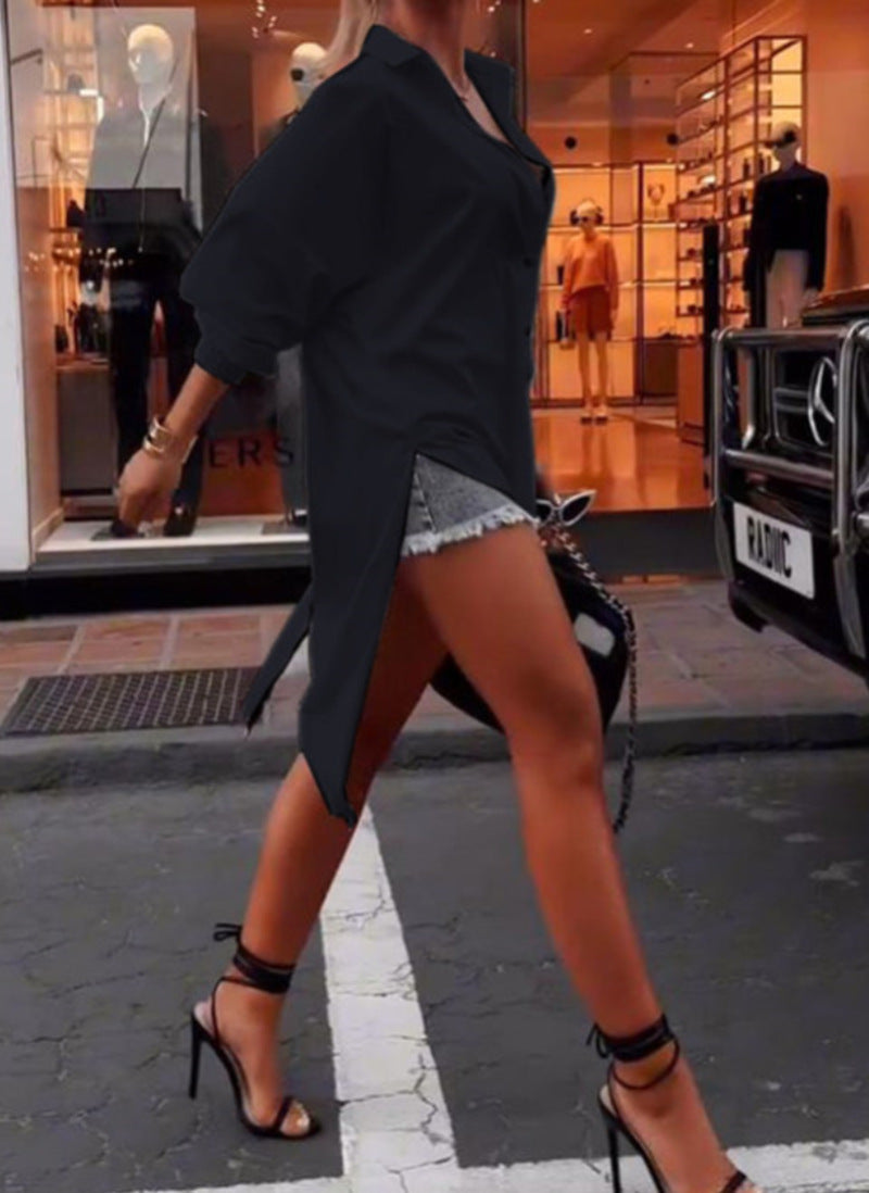 Ladies' oversized shirt dress with central back zipper, split tail hem, and elbow-length batwing sleeves StylebySassy