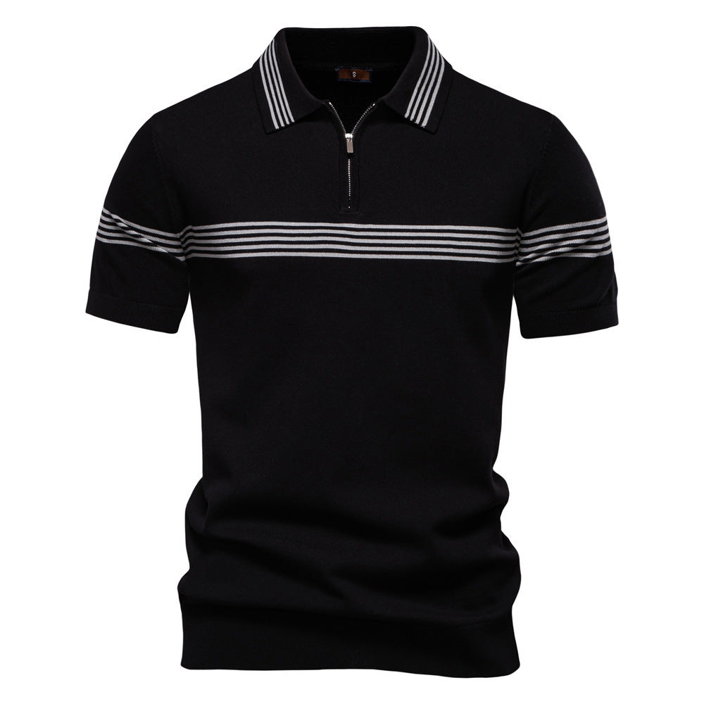 Men's noble fine-knit polo shirt with short metal zipper, cuffed sleeves, and contrasting striped bands StylebySassy