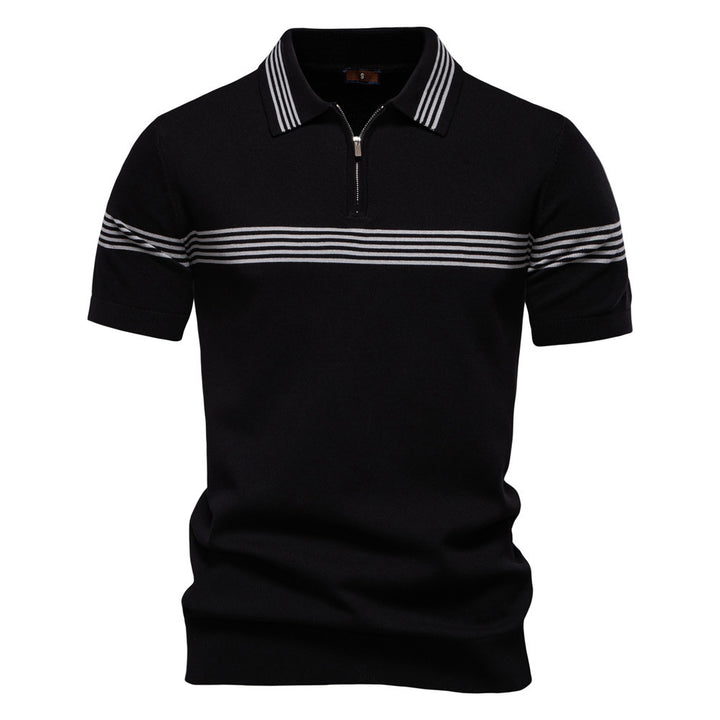 Men's noble fine-knit polo shirt with short metal zipper, cuffed sleeves, and contrasting striped bands StylebySassy