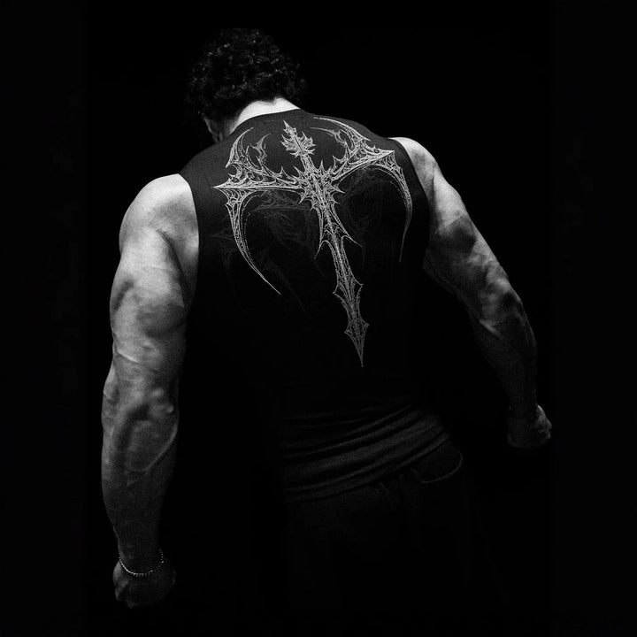 Men's form-fitting training tank top with deep armholes and intricate back print StylebySassy