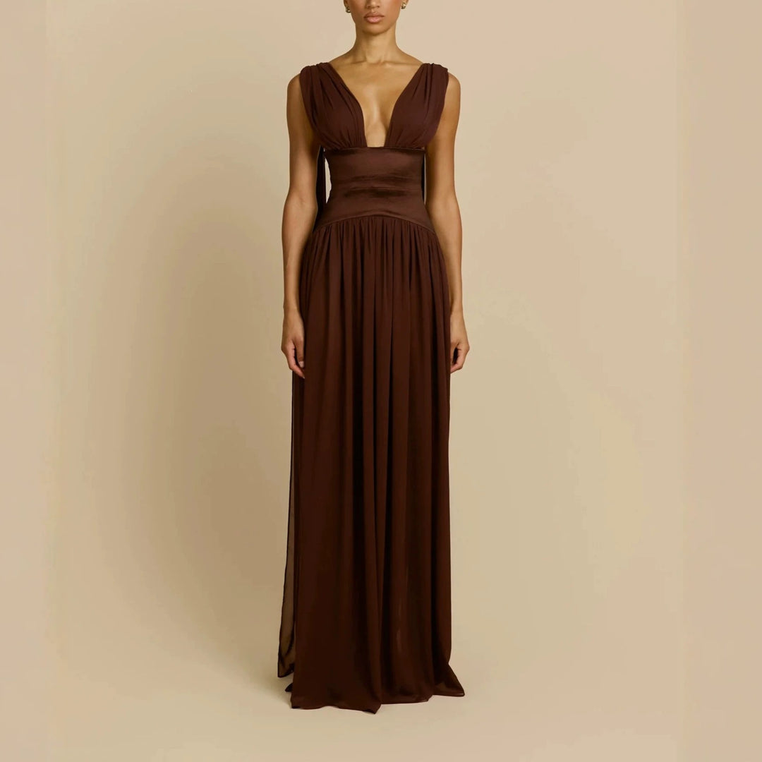Women Elegant Long Sleeve Maxi Dress with Deep V-Neck StylebySassy