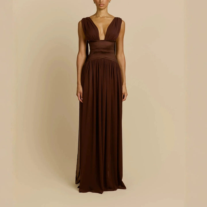 Women Elegant Long Sleeve Maxi Dress with Deep V-Neck StylebySassy