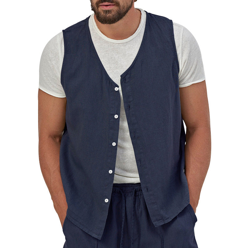 Men's casual sleeveless shirt waistcoat made of linen-cotton blend with V-neck and full button placket StylebySassy