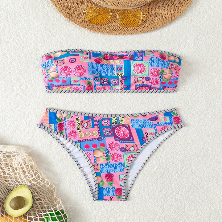 Ladies bandeau bikini with fruity pattern and decorative contrasting seams StylebySassy