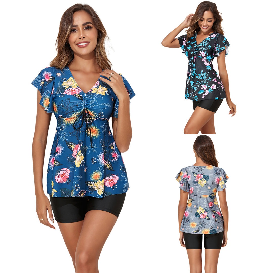 Women’s sporty swimsuit set with floral cover-up and comfortable shorts StylebySassy