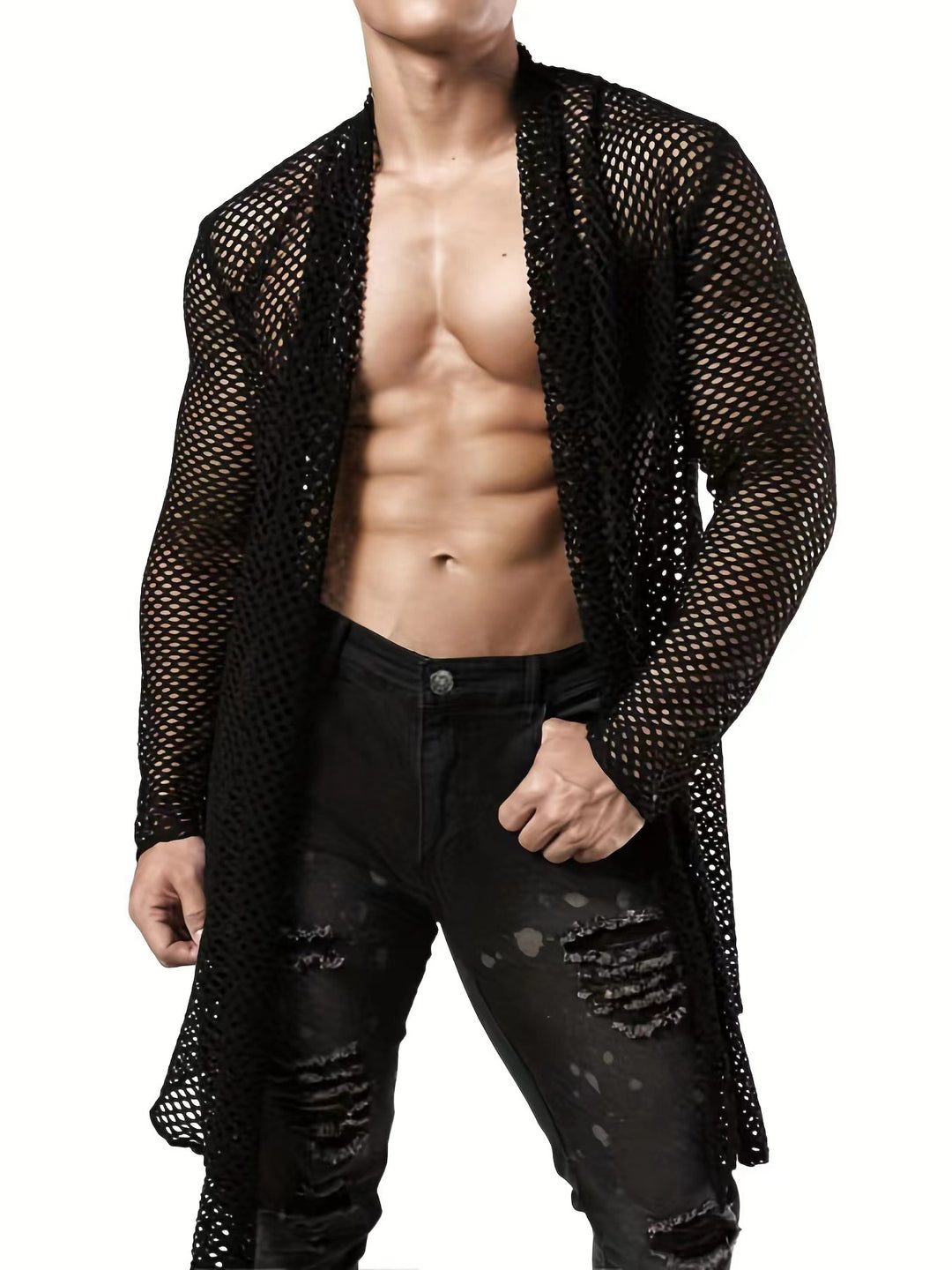Men's longer crocheted net coat with open cut and figure-hugging fit StylebySassy