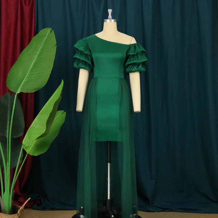 Women Elegant Tulle Dress with Asymmetrical Neckline and Voluminous Puff Sleeves StylebySassy