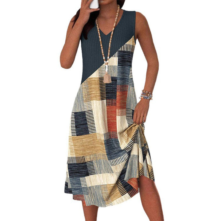Ladies' sleeveless V-neck midi dress with diagonal patchwork pattern and ribbed top StylebySassy