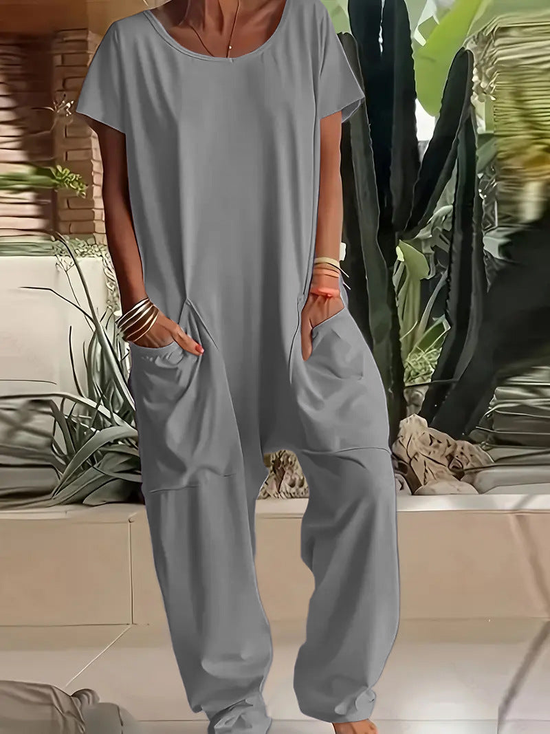 Women's comfortable oversized jumpsuit with V-neck, deep crotch and inset pockets StylebySassy