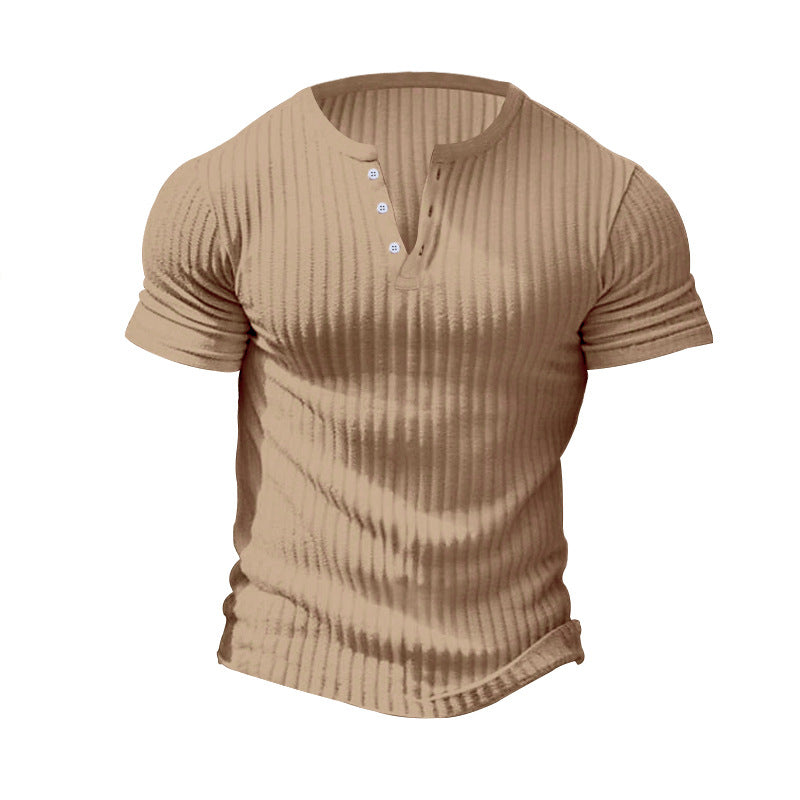 Men's fitted short sleeve Henley shirt with ribbed texture and short button placket StylebySassy
