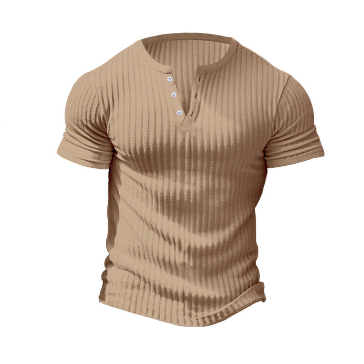Men's fitted short sleeve Henley shirt with ribbed texture and short button placket StylebySassy