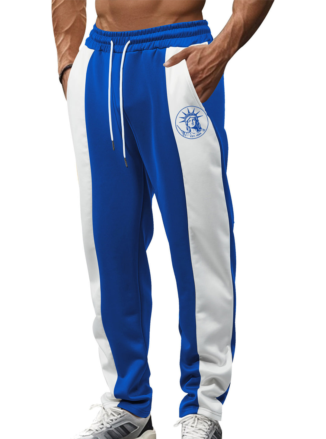 Men's sporty track pants with side contrast stripes, elastic waistband, drawstring, and deer embroidery StylebySassy