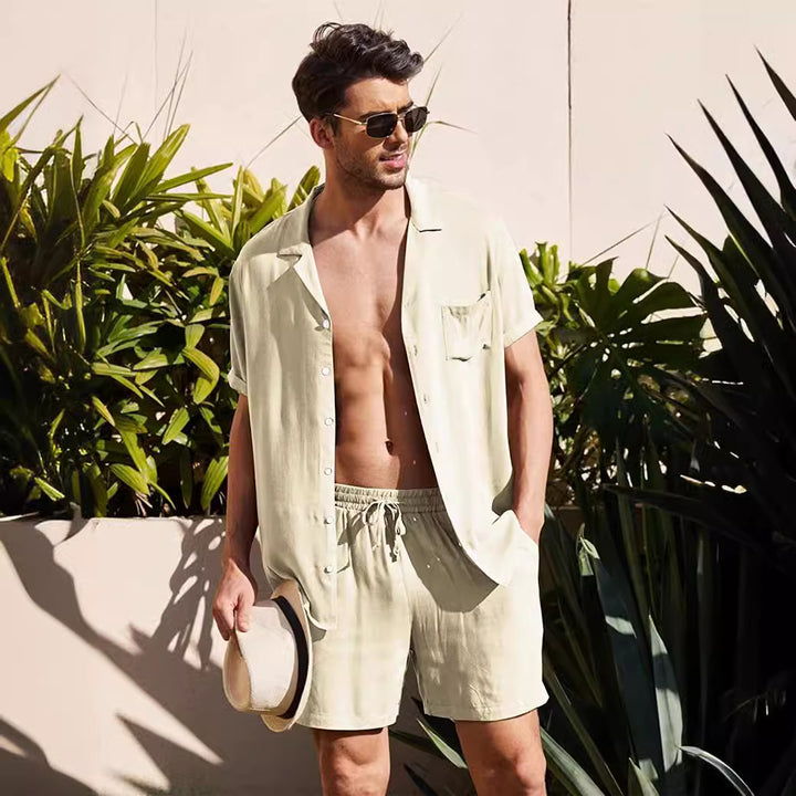 Men's two-piece summer casual ensemble with open collar shirt and elastic shorts StylebySassy