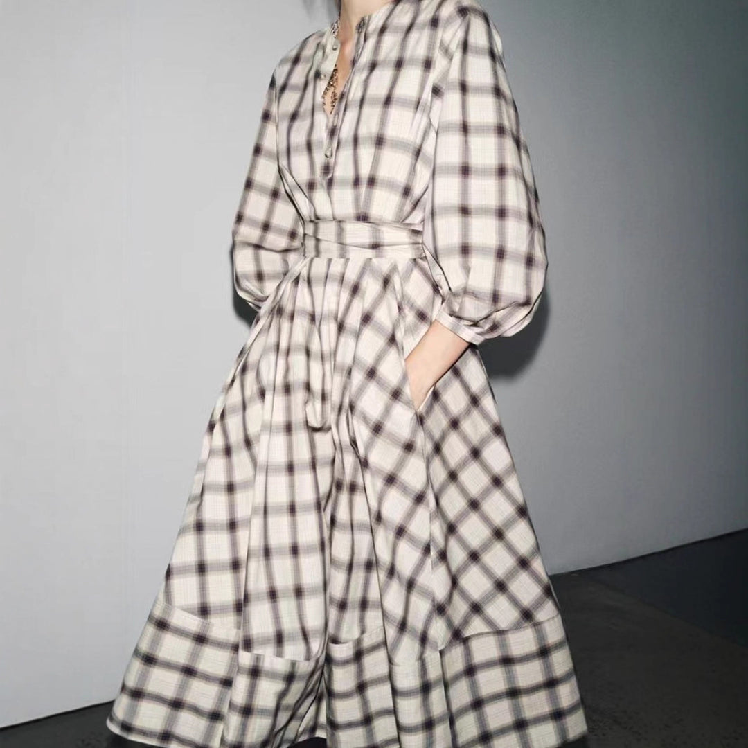 Ladies checked midi dress with balloon sleeves, waist belt and decorative button placket StylebySassy