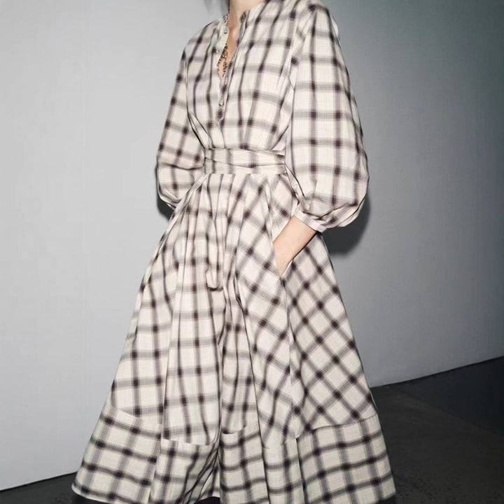 Ladies checked midi dress with balloon sleeves, waist belt and decorative button placket StylebySassy