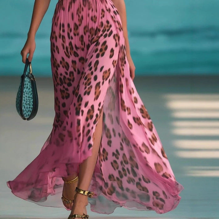 Women nan maxi dress with deep V-neck, braided halter, leopard print, pleated chiffon skirt, and side leg slit StylebySassy