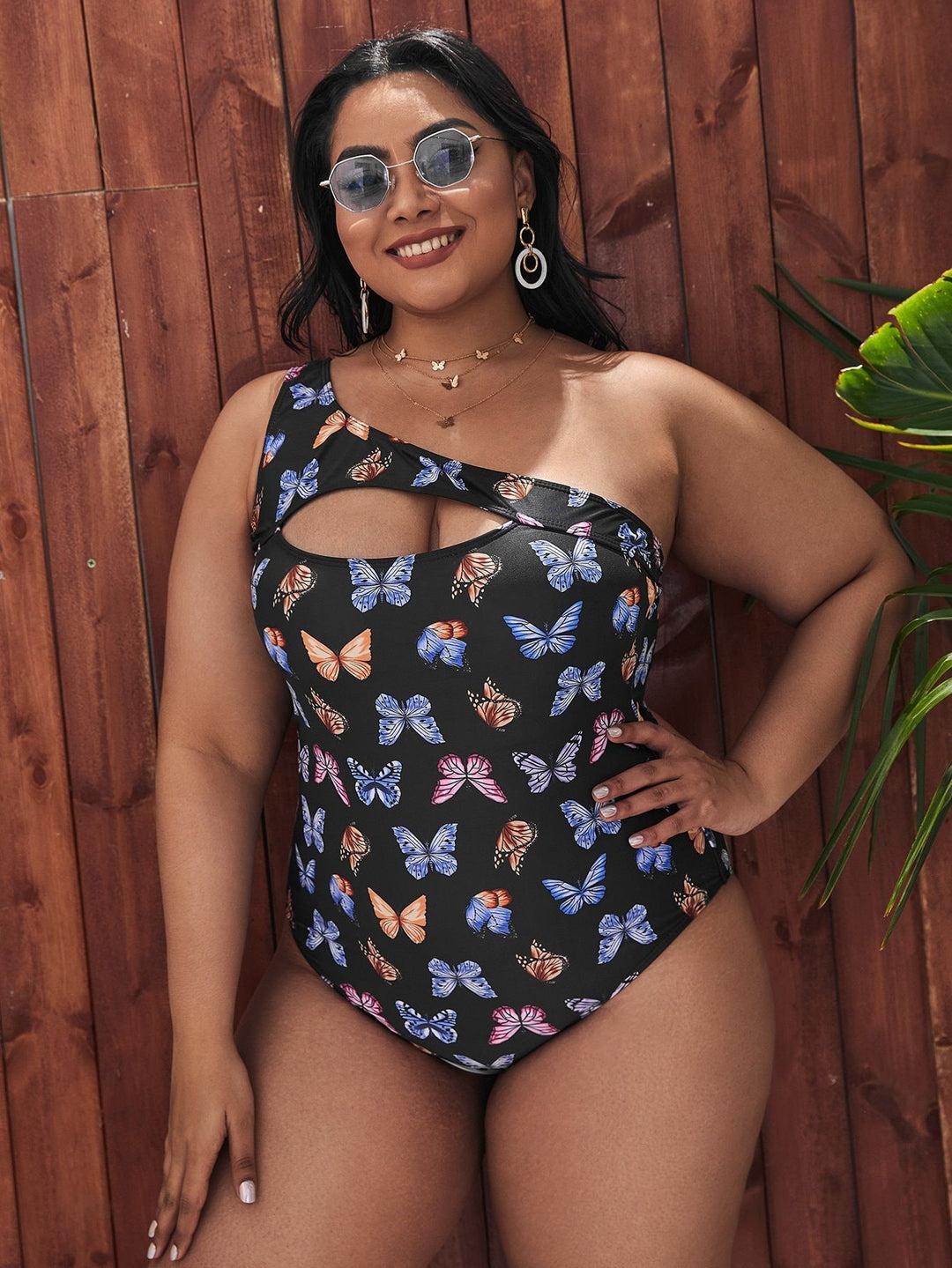Women One-Sided Cut-Out Swimsuit with Floral Butterfly Motifs StylebySassy