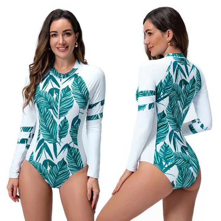 Women's Long Sleeve Swimsuit with Exotic Leaf Design StylebySassy