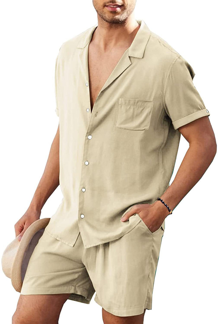 Men's two-piece summer casual ensemble with open collar shirt and elastic shorts StylebySassy