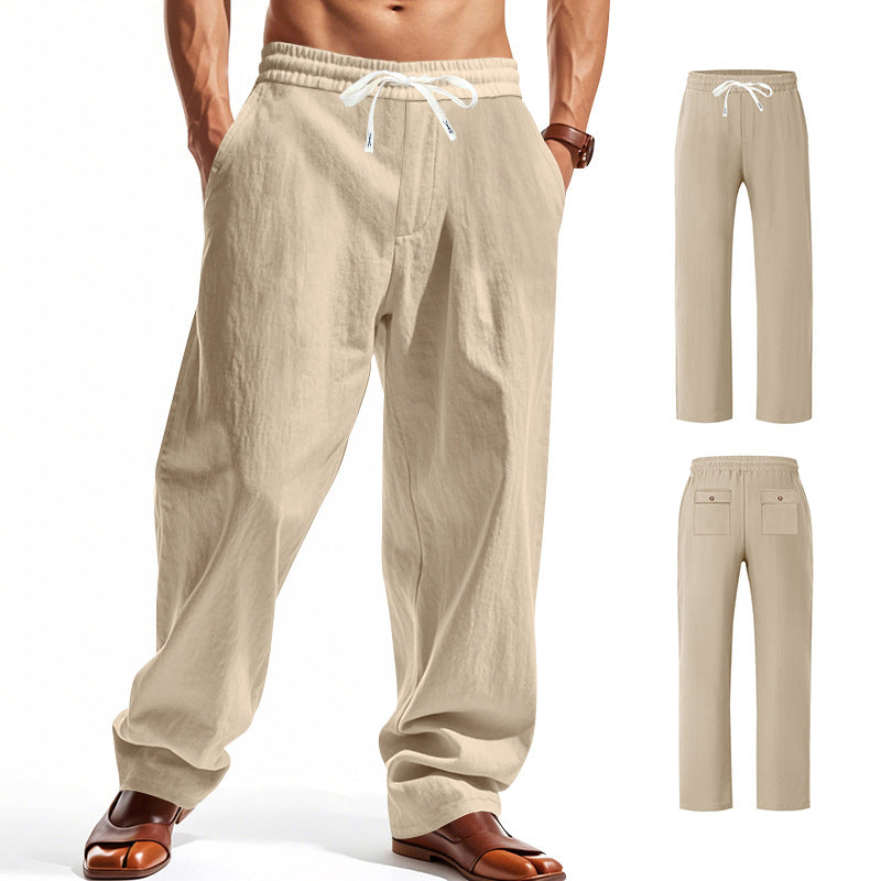 Men's wide comfort trousers in linen blend with elastic drawstring, straight leg, and patch back pockets StylebySassy
