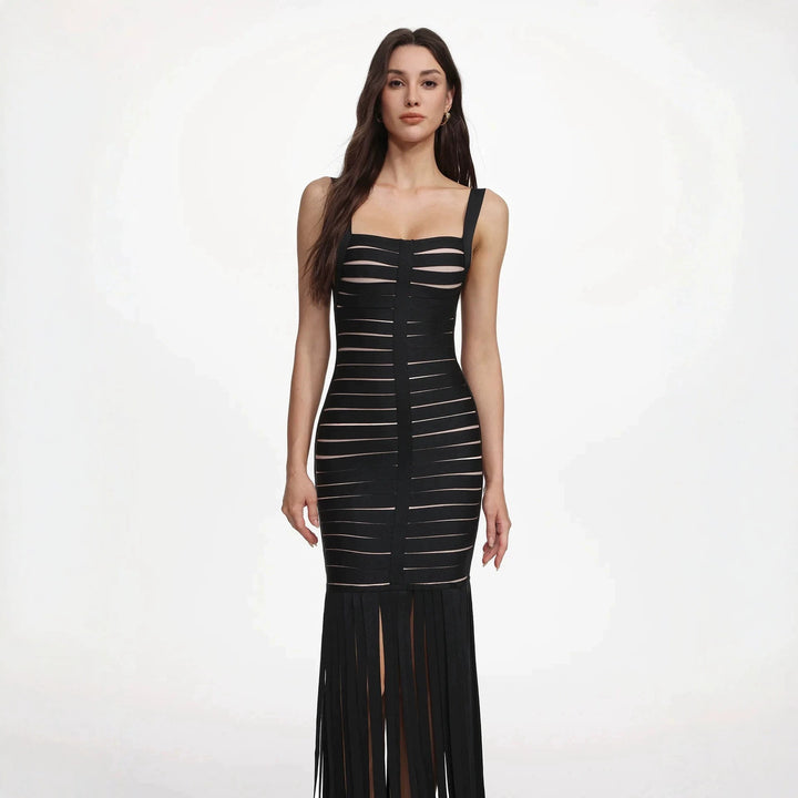 Women Elegant Evening Dress with Sophisticated Stripe Design and Fringing