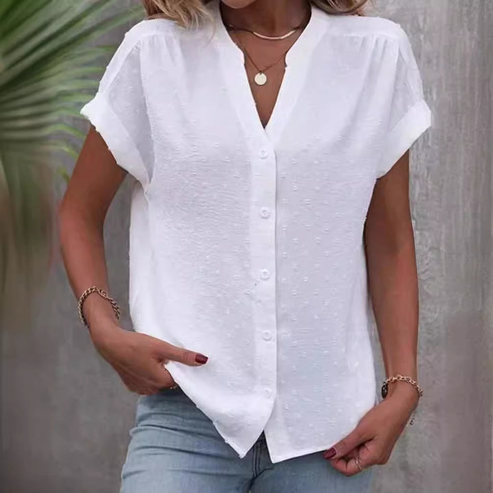 Ladies airy V-neck front button blouse with dobby dots and roll-up short sleeves StylebySassy