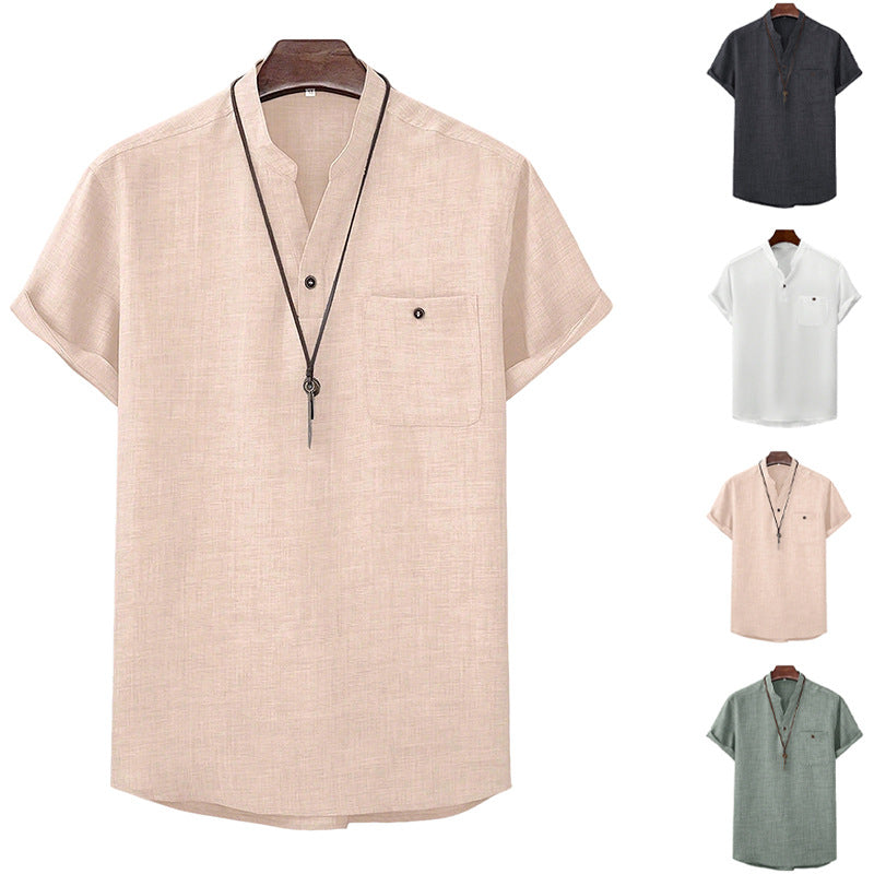 Men's casual Mandarin-style short-sleeve shirt with half-button placket, patch chest pocket, and rounded hem StylebySassy
