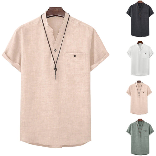 Men's casual Mandarin-style short-sleeve shirt with half-button placket, patch chest pocket, and rounded hem StylebySassy