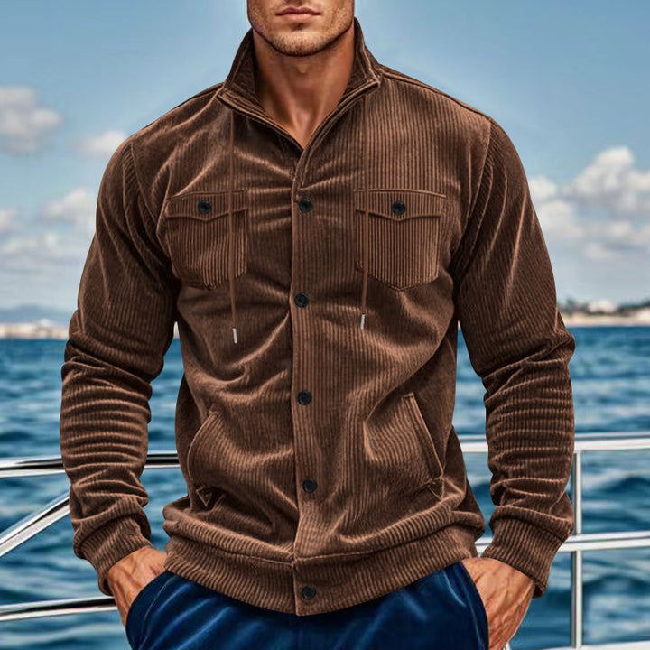 Men's ribbed transitional jacket in shirt style with stand-up collar, drawstring, and flap pockets StylebySassy